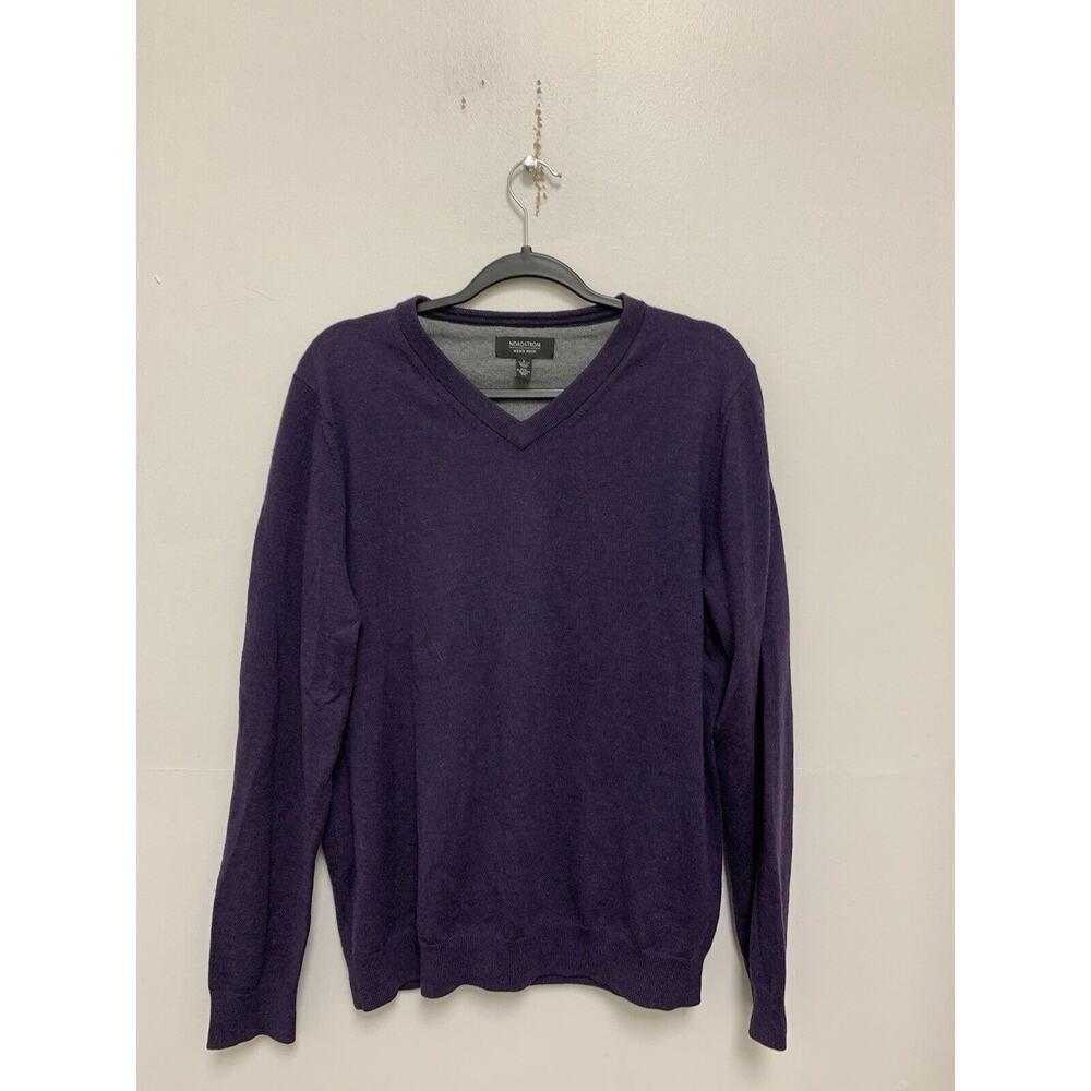 Nordstrom Mens Shop 100% Italian Merino Wool V Neck Sweater Mens Size L Purple